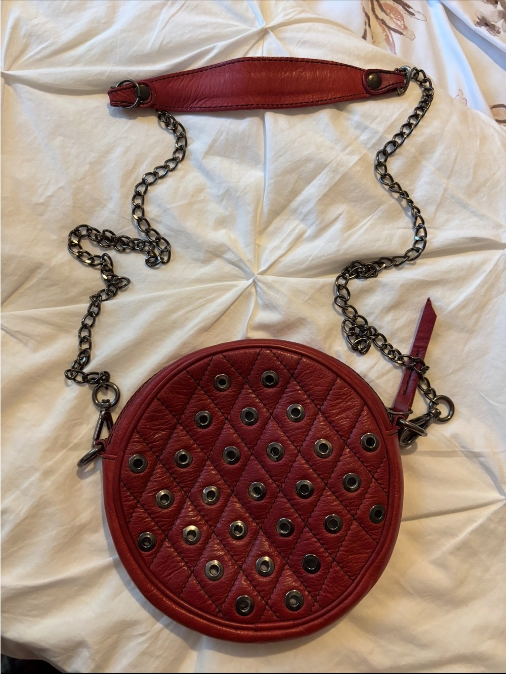 Women's Red Quilted Round Crossbody Bag with Chain Strap